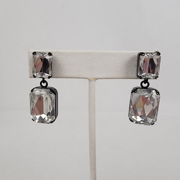 Black & Silver Square Faceted Drop Statement Earrings - Picture 1 of 5